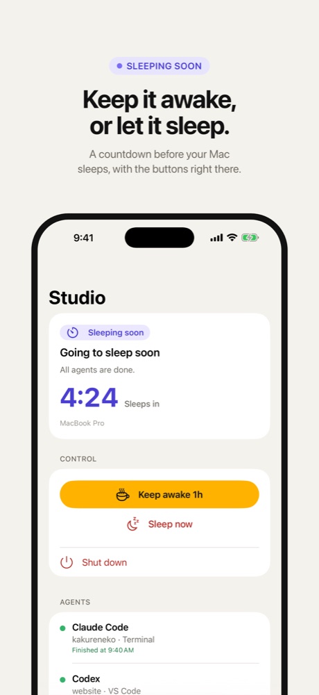 Keep it awake, or let it sleep: the countdown before the Mac sleeps, with Keep awake 1h, Sleep now and Shut down.