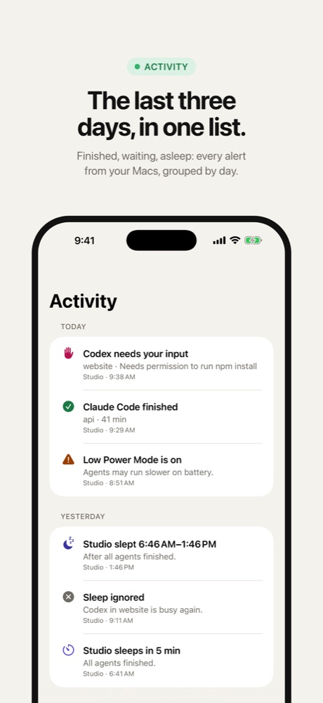 The last three days, in one list: the Activity tab, grouped by day.