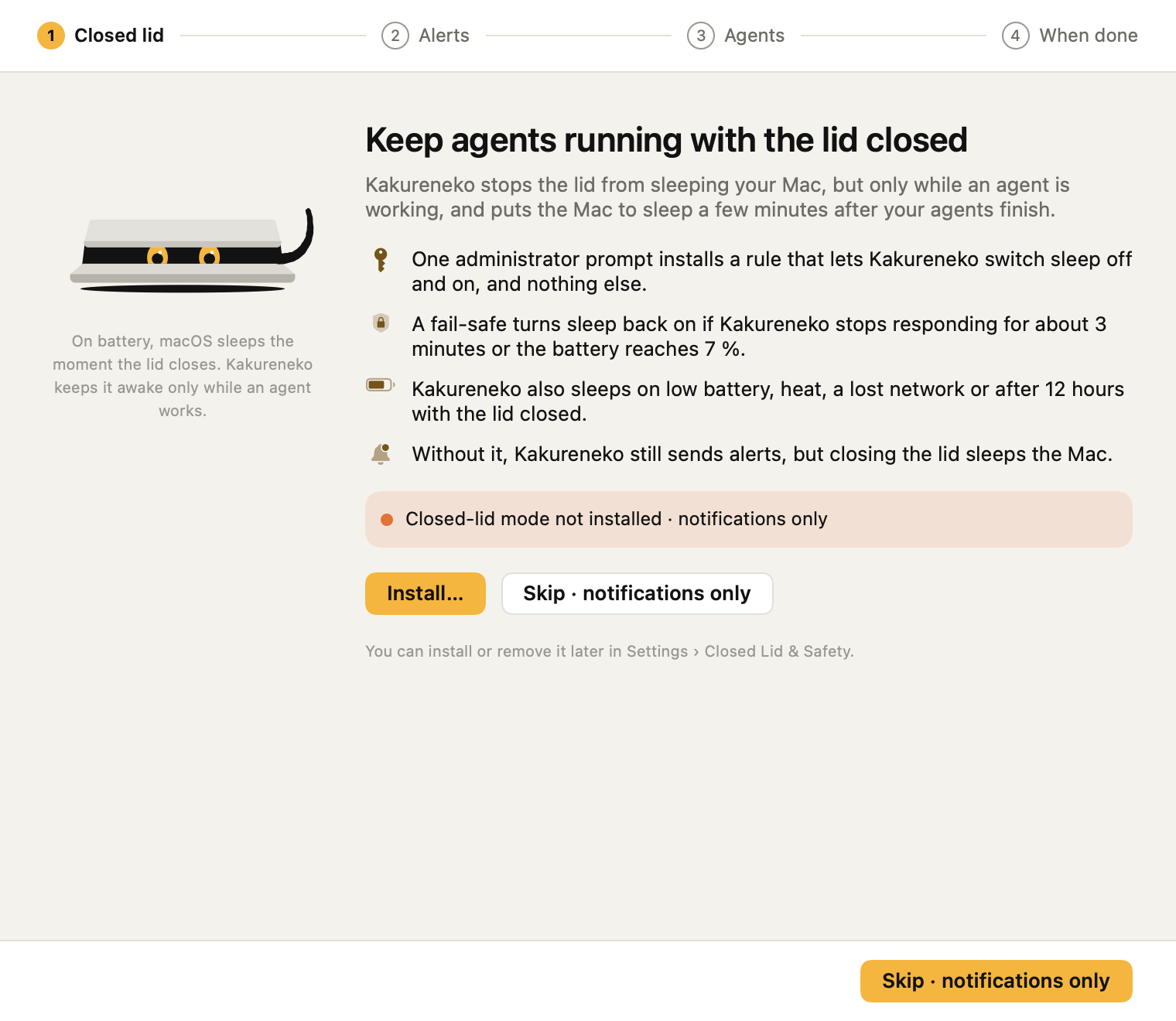 The first step of Kakureneko's setup on the Mac: closed-lid mode, with Install and Skip.