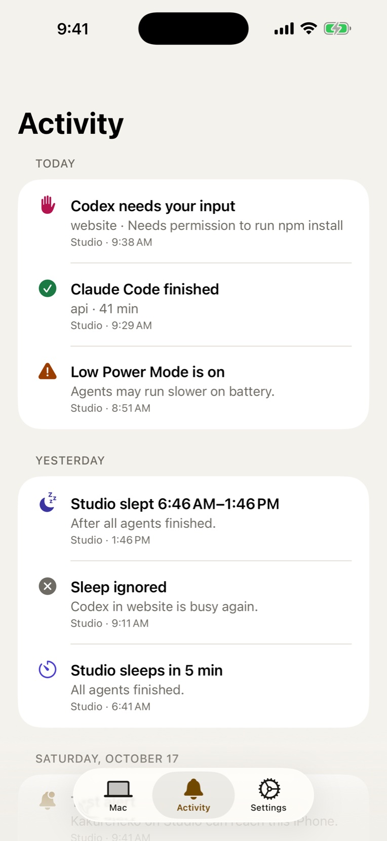 The Activity tab on iPhone: today Codex needed input and Claude Code finished; yesterday the Mac slept.