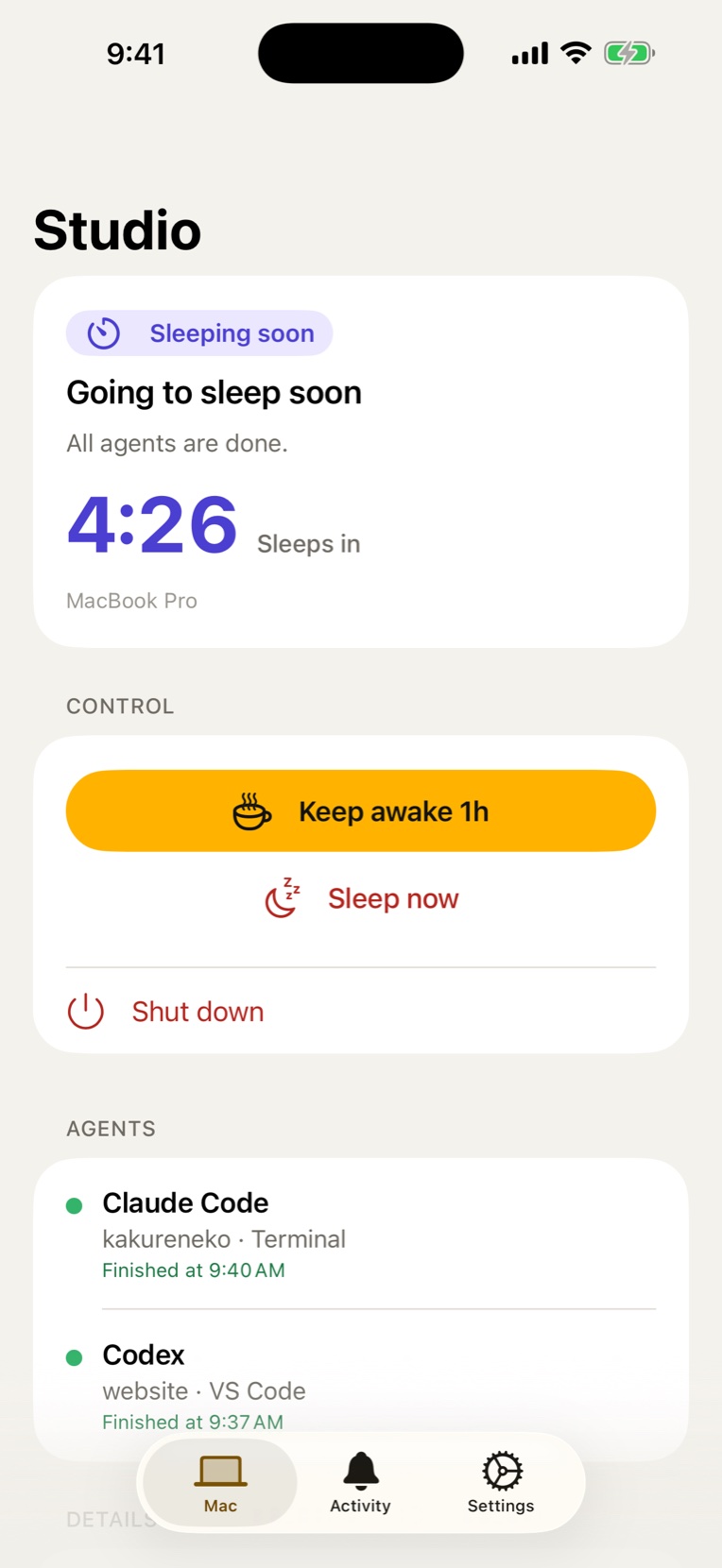 Kakureneko on iPhone: all agents are done, the Mac sleeps in 4:24, with Keep awake 1h, Sleep now and Shut down.