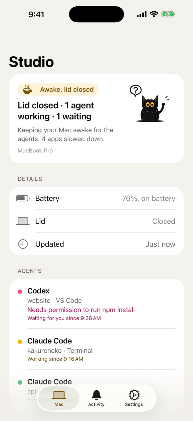 Kakureneko on iPhone: Codex needs permission to run npm install, Claude Code is still working.